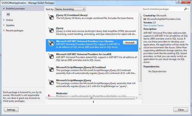 NuGet pacchetti di Visual Studio 2012 modello