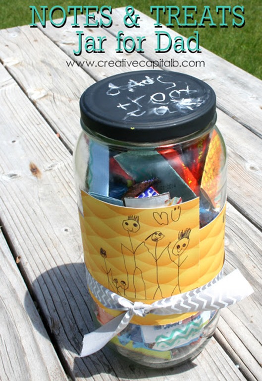Father Day Treat Jar with cute drawings from the kids on each piece- simple and fast, but sure to be loved!