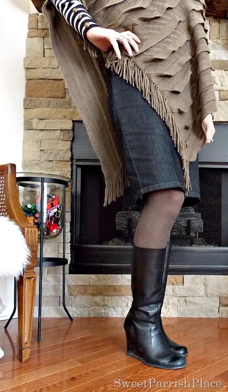 brown cape with black white striped turtleneck, denim pencil skirt and black wedge boots3