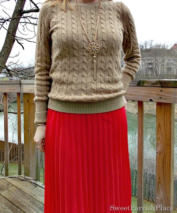 red maxi skirt, tan sweater, leopard flats4