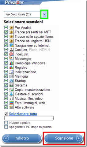 PrivaZer selezionare settori Windows da scansionare