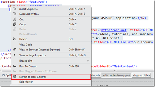 Extract to user control feature- What's new in visual studio 11 features