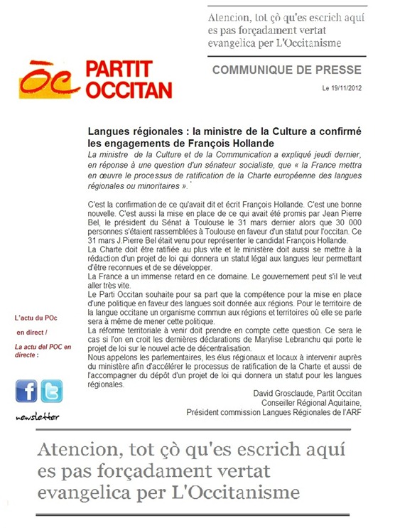comunicat del Partit Occitan Lenga de França