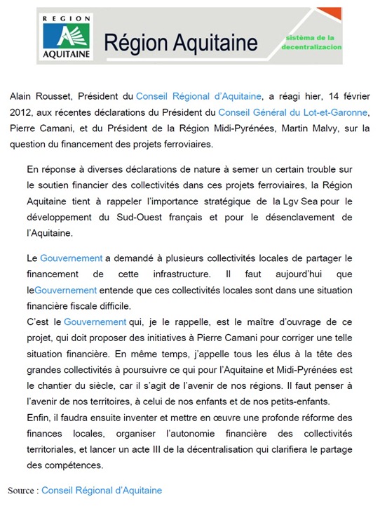 comunicat Conselh Regional d'Aquitània LGV