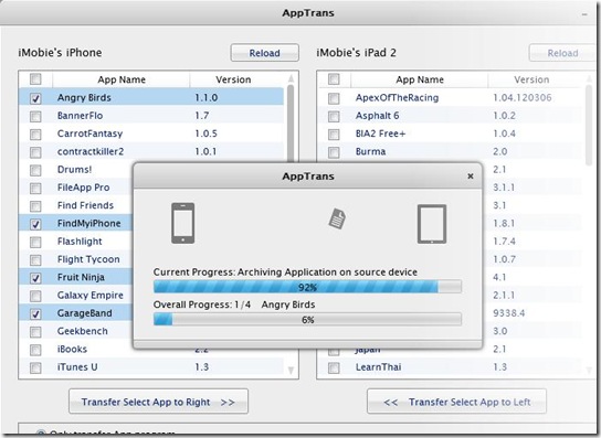 AppTrans trasferimento applicazioni tra dispositivi Apple in corso