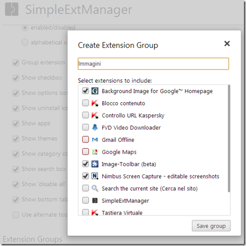 SimpleExtManager opzioni e creare gruppi di estensioni