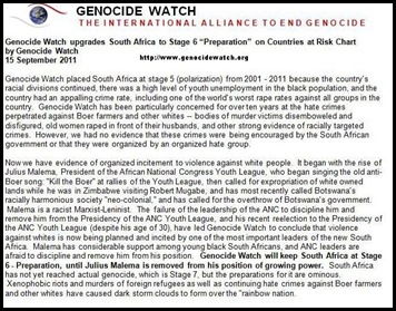 GENOCIDE WATCH REASON FOR UPDATING SA TO STAGE SIX GENOCIDE SEPT 20 2011