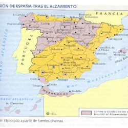 Mapa de España con la división de nacionales y republicanos tras el alzamiento del 36
