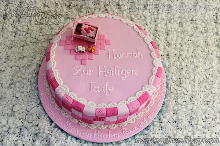 Baby girl baptism cake, decorated using patchwork cutters