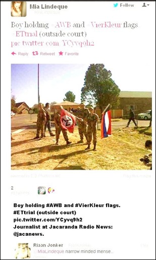 VENTERSDORP JUNE182012 YOUNG AFRIKANERS DISPLAY AWB FLAG AT VENTERSDORP SENTENCING OF EUGENE TERREBLANCHE KILLER