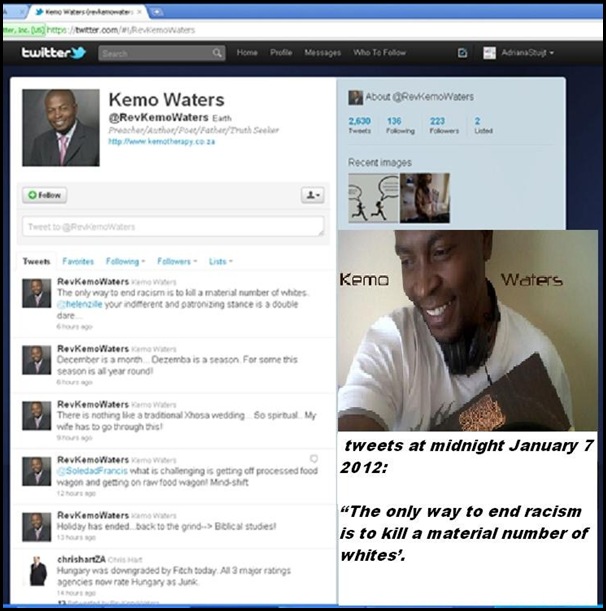 WATERS rev KEMO tweet Jan72012 Killing whites is only way to end racism