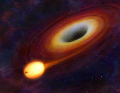ilustração da colisão entre estrela e buraco negro