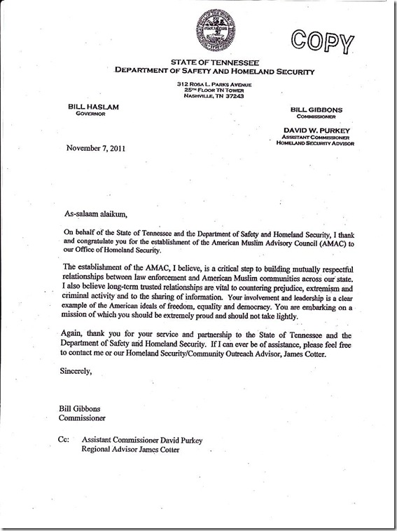 TN Dept of Safety & Homeland Security letter to Gov. Haslam 11-7-11