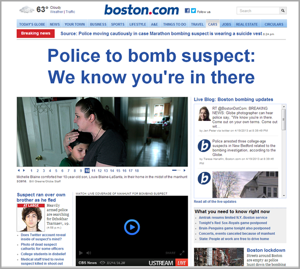 The home page of the Boston Globe site from Friday evening, April 19th 2013.