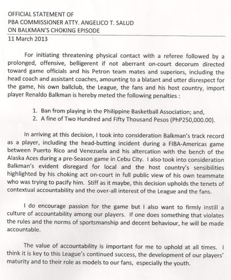 PBA official statement on Balkman's choking episode