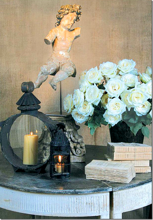 Beautiful European country vignette by Jane Moore for an ad running in Antique Shops and Designers.