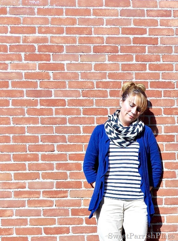 Blue Striped shoes and shirt, Blue cardigan, chevron scarf, khaki pants4