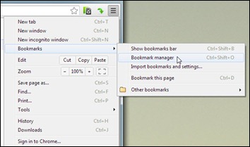 Membuka menu Bookmark manager di Google Chrome