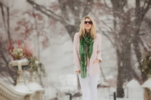 fashion-over-reason-winter-pastels-j-brand-white-denim-jason-wu-pink-polka-dot-blouse-saucony-pink-sneakers-adrienne-landau-fur-vest-solo-eyewear-zara-sharp-pink-blazer-bindya-green-scarf-lead
