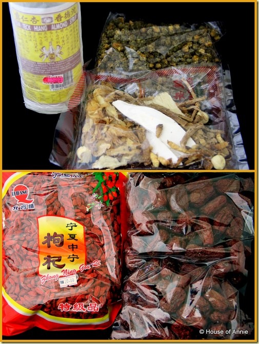 Almond syrup - chrysanthemum tea - pek ting herbs - goji berries - Chinese dates