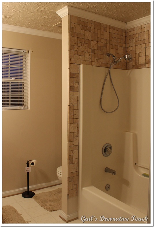 Gail S Decorative Touch Crown Molding And Tile Is Up In Master We Still Need To Install A Piece Of Tile On The Lower Wall But Re Waiting Until After New Flooring Will Remove Baseboard And Floor