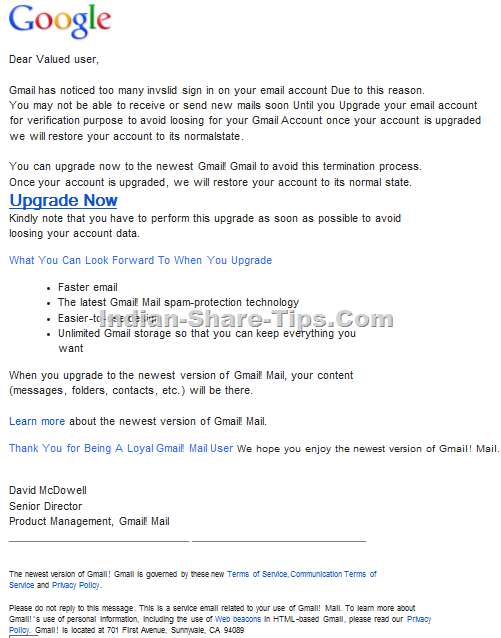 Email Spam in disguise of Gmail Account being suspended