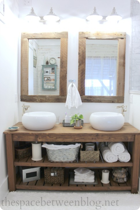 rustic wood vanity with shelves