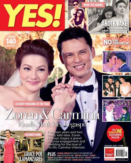 Carmina Villaroel and Zoren Legaspi on Yes! Jan 2013 cover