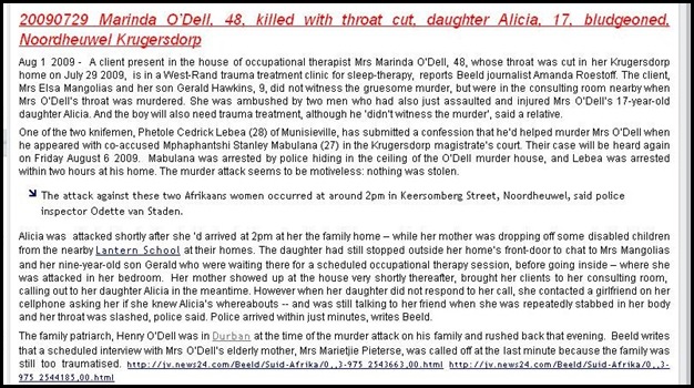 ODELL NOORDHEUWEL KRUGERSDORP 20090727 MARINDA O_DELL THROAT CUT DAUGHTER ALICIA 17 stranged BLUDGEONED survives