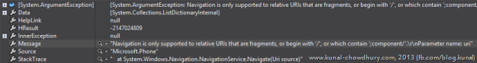 ArgumentException when calling NavigationService in WP8 to navigate to an URL ArgumentException when calling NavigationService in WP8 to navigate to an URL