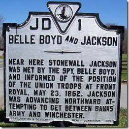 Belle Boyd and Jackson marker JD-1 south of Front Royal, VA