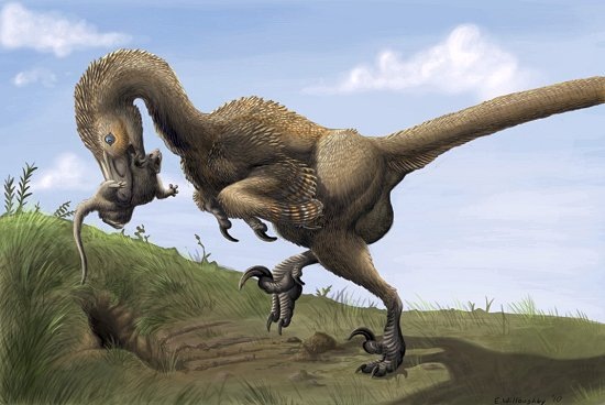 Dinosaurio atrapa pequeño mamífero