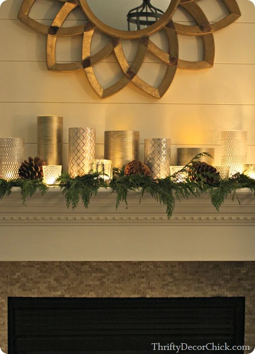 Christmas mantel with Goodwill glass