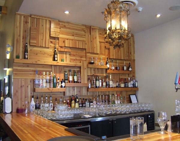 Layered cedar bar wall (Mica Restaurant via Little Victorian)