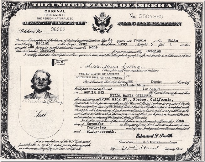 Hilda Maria Carlsson Gillberg Certificate of Naturalization Cropped