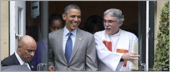 President Obama emerges from Easter service with Rev. Luis Leon (R). Proving the adage that "the truth hurts," the collective of Right Wing panties were in a twist today over the sermon given by Leon. CLICK for full coverage from The Huffington Post.