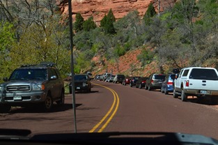 trailhead areas all jammed in Zion Canyon