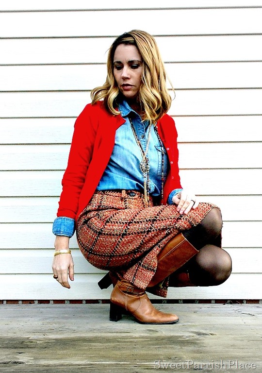 plaid tweed skirt, denim shirt, red cardigan and tall boots1