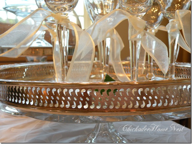 or bridal table, silver double chafing dish, vintage etched goblets2
