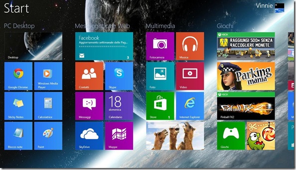 Schermata Start Windows 8 personalizzata con immagine personale come sfondo