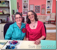Susan Brubaker Knapp and Sue Reno on the set of Quilting Arts TV