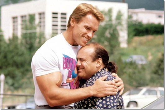 'Twins' film - 1988...No Merchandising. Editorial Use Only<br /> Mandatory Credit: Photo by c.Universal/Everett / Rex Features ( 602265b )<br /> 'Twins' - Arnold Schwarzenegger and Danny DeVito<br /> 'Twins' film - 1988<br /> <br />