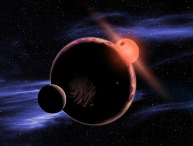 ilustração de um planeta na órbita de uma anã vermelha
