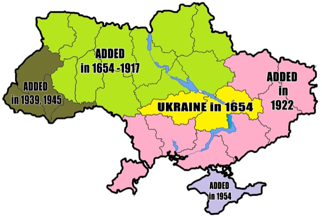 CC Photo Google Image Search Source is upload wikimedia org  Subject is Simplified historical map of Ukrainian borders 1654 2014