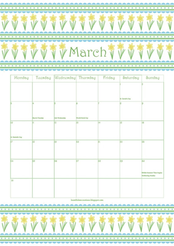 March free printable calender daffodil