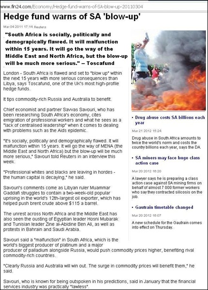 TOSCAFUNDSAVVAS SAVOURI WARNS OF SOUTH AFRICAN BLOW UP COUNTRY IS FLAWED MAR42012 reuters