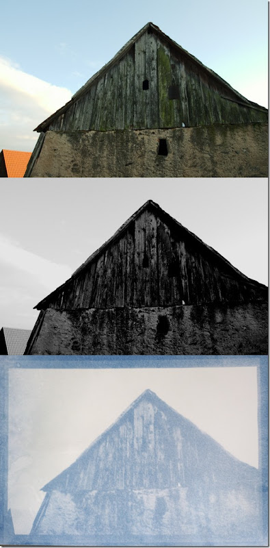 Alte Scheune in Franken Alte Scheune in Franken- Drei Bilder Farbe - Schwarzweiß - Cyanotypie (Blaudruck)