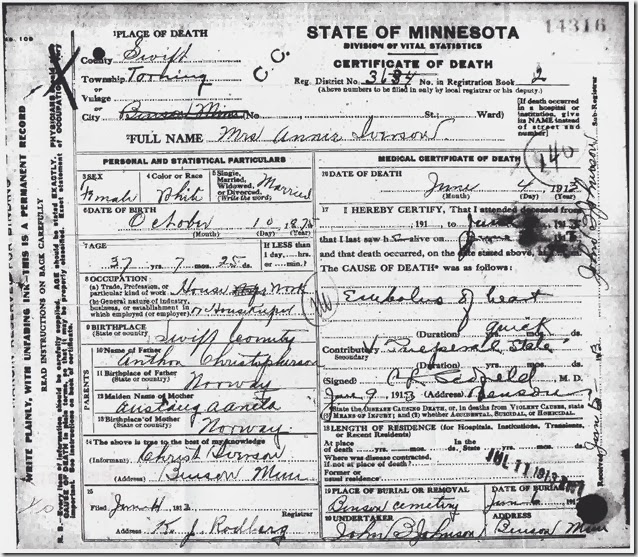 Anna Christopherson's Death Certificate