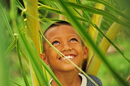 Indonesia, Sumatra, Banda Aceh, portrait of young boy amid green dense vegetation
