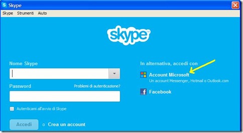 Skype accedere con Account Microsoft
